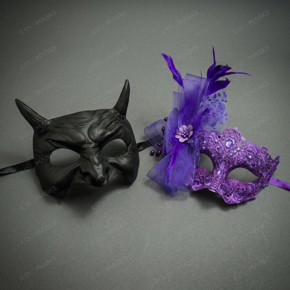 Black Horned Demon Mask & Purple Lace Feather Masquerade Couple Mask Set